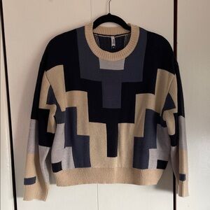Geometric Pattern Crewneck Sweater - Black, Gray, Tan